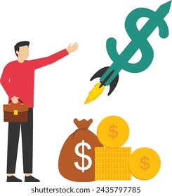 Concept Increase investment profit, GDP increase or growing business performance concept, successful businessman standing on a bar graph piling a large amount of profit over a bar graph.