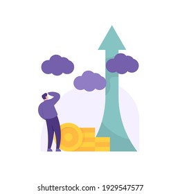 a concept of an increase in the value of a currency, an increase in finance and income. illustration of a businessman who saw the company's profits increase rapidly. flat style. business vector design
