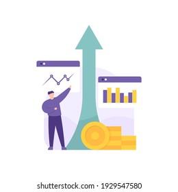 a concept of an increase in the value of a currency, an increase in finance and income. illustration of a businessman who saw the company's profits increase rapidly. flat style. business vector design