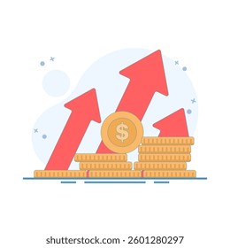 concept of increasing income or profit, money growth, stack of flat cartoon gold coins with income chart, financial growth chart, successful capital investment, cash budget. Design illustration.