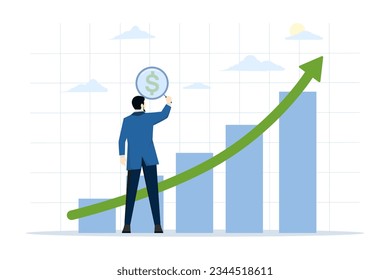 concepto de aumento de ingresos o salarios, crecimiento de los beneficios de la inversión o de los ingresos del mercado de valores, crecimiento del dinero o de los salarios, empresario con lupa sobre el signo del dólar con gráficos de crecimiento y gráfico