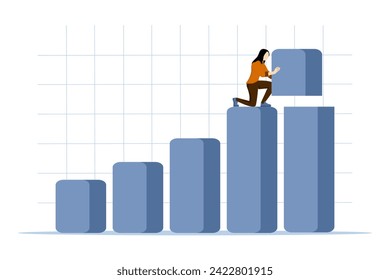 Concept of Increasing investment profits, increasing GDP or business performance growth, successful businessman standing on a bar graph stacking a large amount of profits on top of the bar graph.