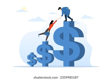 concepto de aumento de las ganancias, el asesor financiero ayuda a aumentar los ingresos, ingresos o ingresos, riqueza, crecimiento de beneficios o apoyo a la financiación, mejora o desafío, el empresario ayuda a aumentar el signo del dólar.