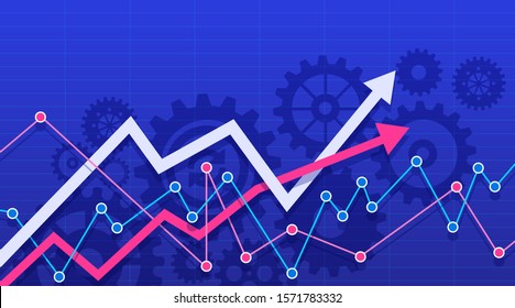 The concept of increasing sales. The two intertwining arrows is going up over the gears. Vector illustration.