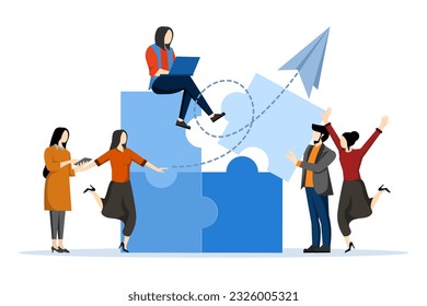 concept of increasing workplace values and motivation, Employee engagement increases engagement or drives employee success together, employees help to complete jigsaw in their office.