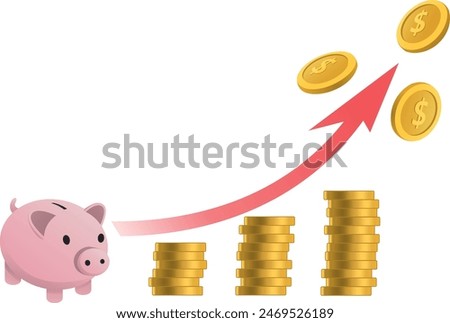 Concept of incremental savings representing wealth accumulation with investment, piggy bank with a bar graph represented by gold coins and an upward arrow