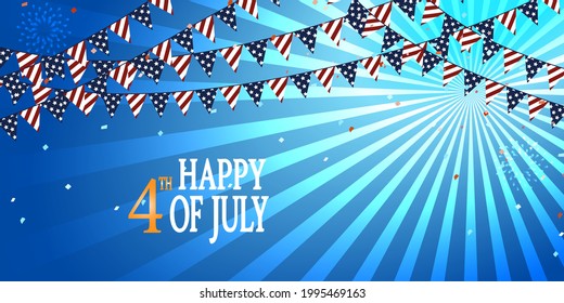 Concept of Independence day celebration. Flags over blue background with fireworks and confetti.