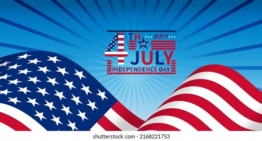 Concept of Independence day, the Fourth of July celebration. American flag over blue background with words.