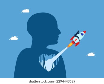 Concept of independent mind and decisive decision. man riding a rocket flying out of the heart