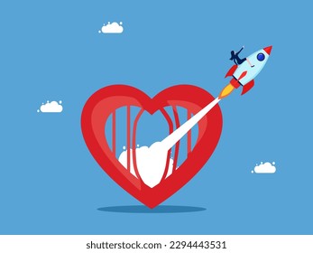 Concept of independent mind and decisive decision. Businesswoman riding a rocket flying out of the heart