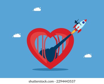 Concepto de mente independiente y decisión decisiva. mujer montando un cohete volando fuera del corazón
