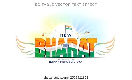 Concept for India Republic Day. 26 January Tricolor Parade and celebration. New Bharat 3d Logo unit Vector illustration.