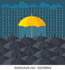 Concept of individuality and difference. Yellow umbrella among many dark ones. Standing out from crowd. Flat design, vector illustration.