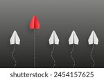 Concept of individuality. Individual and unique leader red paper airplane flying first. Vector illustrations