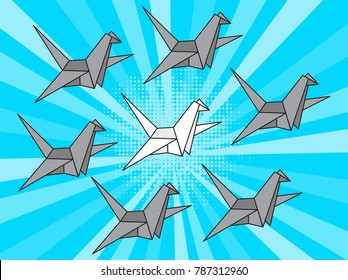 Concept of individuality, unique white paper bird and gray birds in blue sky. Pop art style.