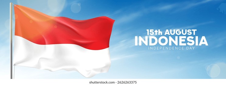 Concept of Indonesian Independence Day. Indonesian flag waving in wind at cloudy sky for decoration Indonesian Independence Day. Vector illustration. Day of Indonesia on 15th of August.