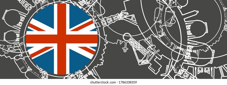 Concept of industrial design. Energy and power icons set. Energy generation, transportation and heavy industry. Brochure, report or cover design template. Thin lines style. Flag of United Kingdom