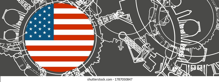 Concept of industrial design. Energy and power icons set. Energy generation, transportation and heavy industry. Brochure, report or cover design template. Thin lines style. Flag of USA