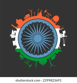 Concept of industrial design. Energy and power icons located around the circle. Energy generation, transportation and heavy industry. Brochure, report or cover design template. Flag of India