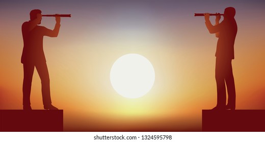 Concept of industrial espionage with two men facing each other and observed with a spyglass for information on the activity of their competitor.