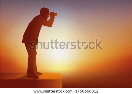 Concept of industrial intelligence and espionage with a man who watches the competition by discreetly observing him with a pair of binoculars.