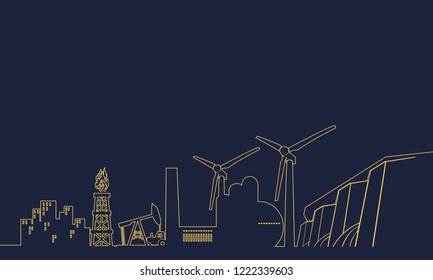 Concept of industrial plant and manufacture building. Energy and Power icons set. Energy generation and heavy industry. Modern brochure, report or cover design template. Thin lines style