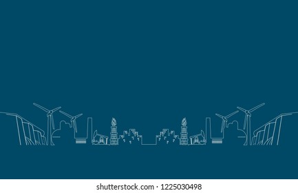 Concept of industrial plant and manufacture building. Energy and Power icons set. Energy generation and heavy industry. Modern brochure, report or cover design template. Thin lines style