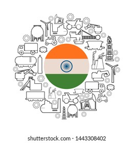 Concept of industrial plant and manufacture building. Energy generation and heavy industry. Brochure or cover design template. Circle frame with industrial thin line icons. Flag of the India