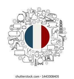 Concept of industrial plant and manufacture building. Energy generation and heavy industry. Brochure or cover design template. Circle frame with industrial thin line icons. Flag of the France