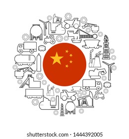 Concept of industrial plant and manufacture building. Energy generation and heavy industry. Brochure or cover design template. Circle frame with industrial thin line icons. Flag of the China