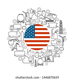 Concept of industrial plant and manufacture building. Energy generation and heavy industry. Brochure or cover design template. Circle frame with industrial thin line icons. Flag of the USA