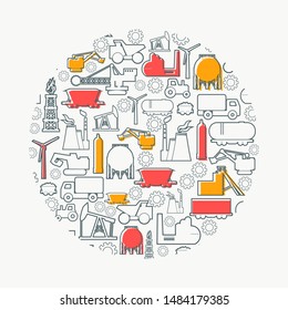 Concept of industrial plant and manufacture building. Energy and power. Energy generation and heavy industry. Brochure, report or cover design template. Circle with industrial thin line icons.