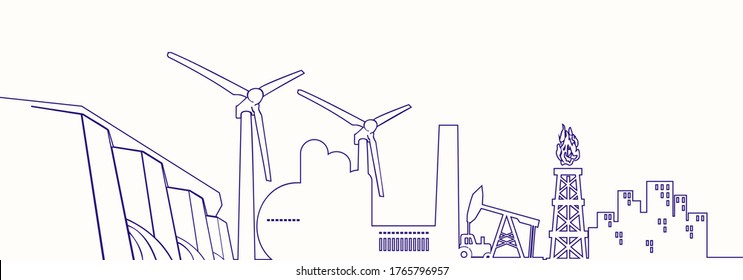 Concept of industrial plant and manufacture building. Energy and Power icons set. Energy generation and heavy industry. Modern brochure, report or cover design template. Thin lines style