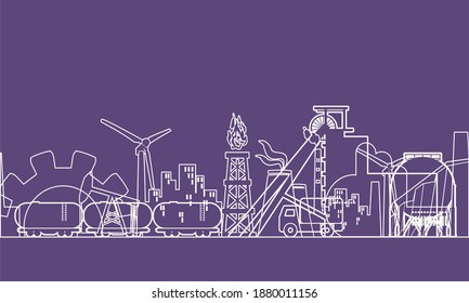 Concept of industrial plant and manufacture building. Energy and power icons set. Energy generation and heavy industry. Modern brochure, report or cover design template. Thin lines style