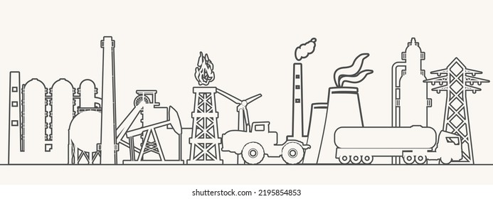 Concept of industrial plant and manufacture building. Energy generation and heavy industry. Thin lines style