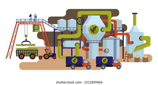 Concept of industrial plant for sugar cane processing and sugar production. Tractor with sugar cane, trucks with finished product. Workers and engineers. For website, web application Flat vector
