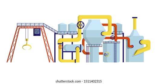 Concept of industrial processing plant with bridge crane, mills, pipes, production, technical facilities. Elements of the production shop. Flat cartoon vector illustration. Isolated object on white 