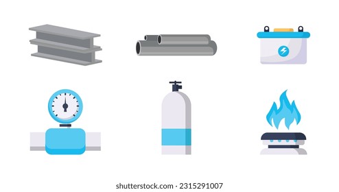 Concept Industrial products set. Fabrication of metal raw materials parts collection. Metal T-beam, metal tube, Battery, Measure, Can Gas, Gas use for cooking.