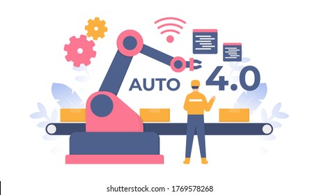 el concepto de revolución industrial 4.0, IoT, inalámbrico. ilustración de personas que observan al robot trabajando o operando. diseño plano. puede utilizarse para elementos, páginas de inicio, interfaz de usuario, sitio web