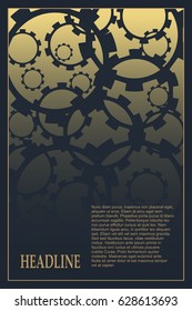 Concept of industrial vector brochure, report or cover design template. Gear silhouettes on backdrop