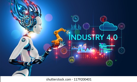 Concept Industry 4.0. Artificial intelligence automation of product manufacturing on smart factory. Ai uses intellectual management of industrial processes. Robot woman holding in palm a robotic arm