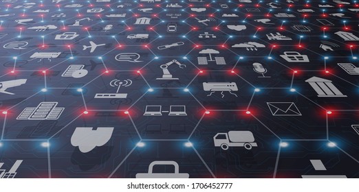 Concept of Industry 4.0. Automation, the flow of the icons, data exchange technology in production. Internet of things (IoT) networking concept for connected devices. Spider web of network connections