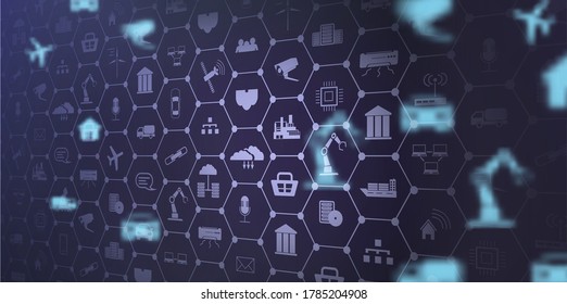 Concept of Industry 4.0. Automation, the flow of the icons, data exchange technology in production. Internet of things (IoT) networking concept for connected devices. Spider web of network connections