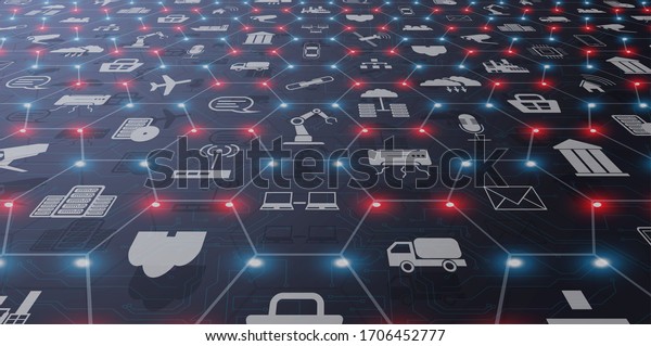 Concept of Industry 4.0. Automation, the flow\
of the icons, data exchange technology in production. Internet of\
things (IoT) networking concept for connected devices. Spider web\
of network connections