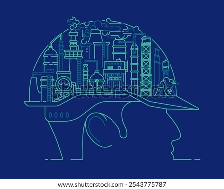 concept of industry 4.0 or industrial technology, graphic of engineer cap combined with factory