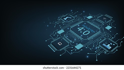 Concepto de la tecnología industrial 4.0 sobre fondo azul oscuro.Automatización de fábrica. Tecnología industrial autónoma sobre fondo azul oscuro.