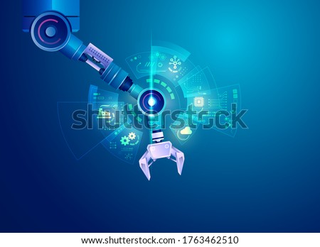 concept of industry 4.0 technology, realistic robotic arm with futuristic elements