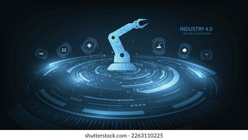 Concepto de tecnología industrial 4.0.Automatización de fábrica. Tecnología industrial autónoma sobre fondo azul oscuro.