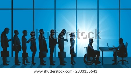 Concept of inequality for people with disabilities, with a man in a wheelchair having a job interview.
