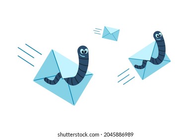 El concepto de una carta infectada, un virus. El gusano mira por la carta. Un correo electrónico infectado. Ilustración vectorial aislada en blanco.